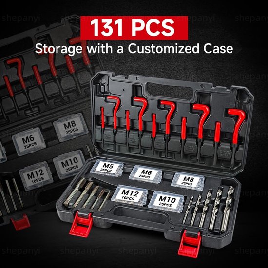 131-delige schroefdraadreparatieset, schroefdraadreparatieset met M5 M6 M8 M10 M12 inzetstukken, hulzen, Helicoil-set, schroefdraadreparatiegereedschap, boorhulzen — afbeelding 5