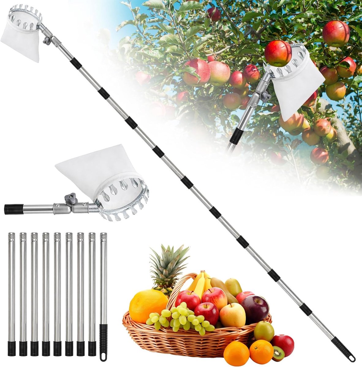 Appelplukker met roestvrijstalen verlengstang, in lengte verstelbaar tot 3,8 m, diameter 16 cm, voor pruimen en kersen