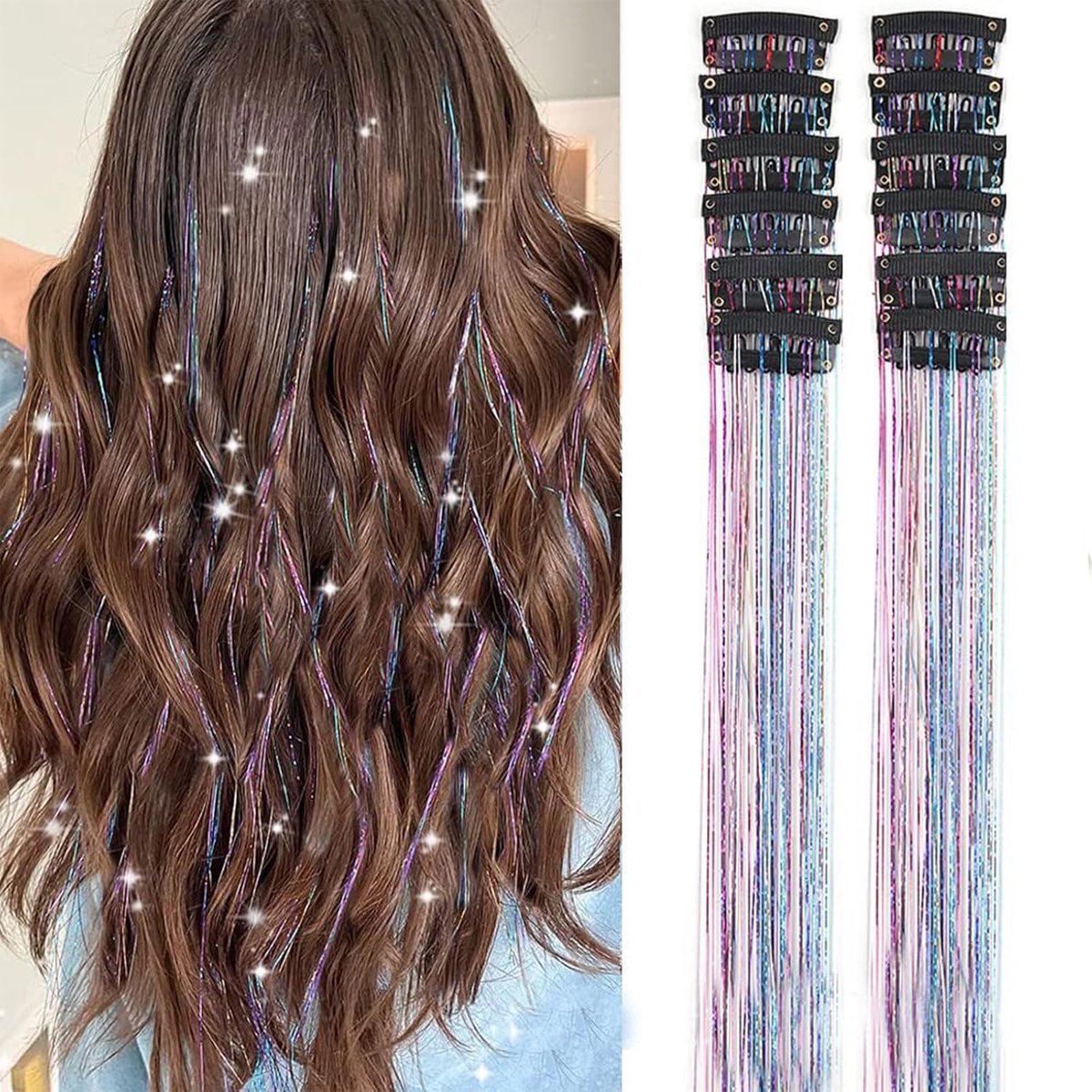 Haarlametta, 12-delige set clip-in veelkleurige glitter haarextensies voor vrouwen en meisjes, glitterdecoratie met clips, synthetische hoofdextensies in verschillende kleuren voor Kerstmis, Nieuwjaar