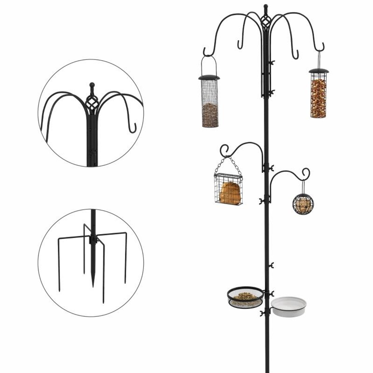 Vogelvoederset - Voederpaal voor wilde vogels - Vogelvoeder - Hangende voeder - Met 6 haken, 4 hangende voederbakjes - Geschikt voor pinda's, zaden en vetbolletjes - Geschikt voor tuin en buiten - Zwart