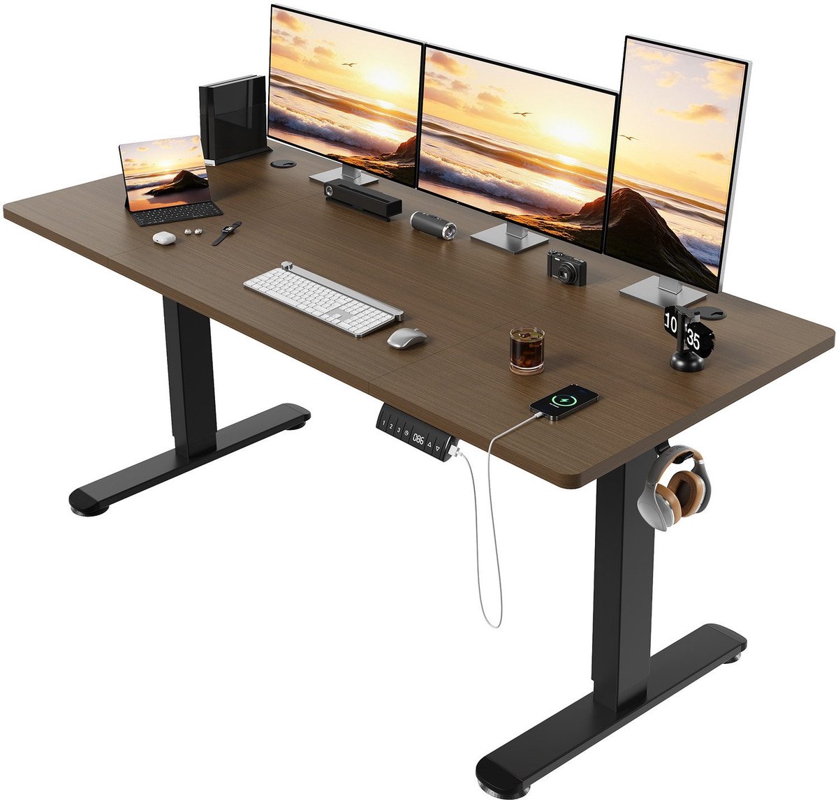 Devoko Elektrisch Verstelbaar Zit-Sta Bureau 160 × 80 cm – 18 mm Dik Tafelblad – Hoogte 72–118 cm – 3 Geheugenstanden en LED-Display – 4000 TPM Stille Motor – Draagvermogen 80 kg – Walnoot