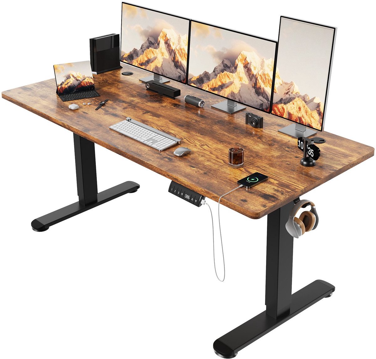Devoko Elektrisch Verstelbaar Zit-Sta Bureau 160 × 80 cm – 18 mm Dik Tafelblad – Hoogte 72–118 cm – 3 Geheugenstanden en LED-Display – 4000 TPM Stille Motor – Draagvermogen 80 kg – Vintagebruin
