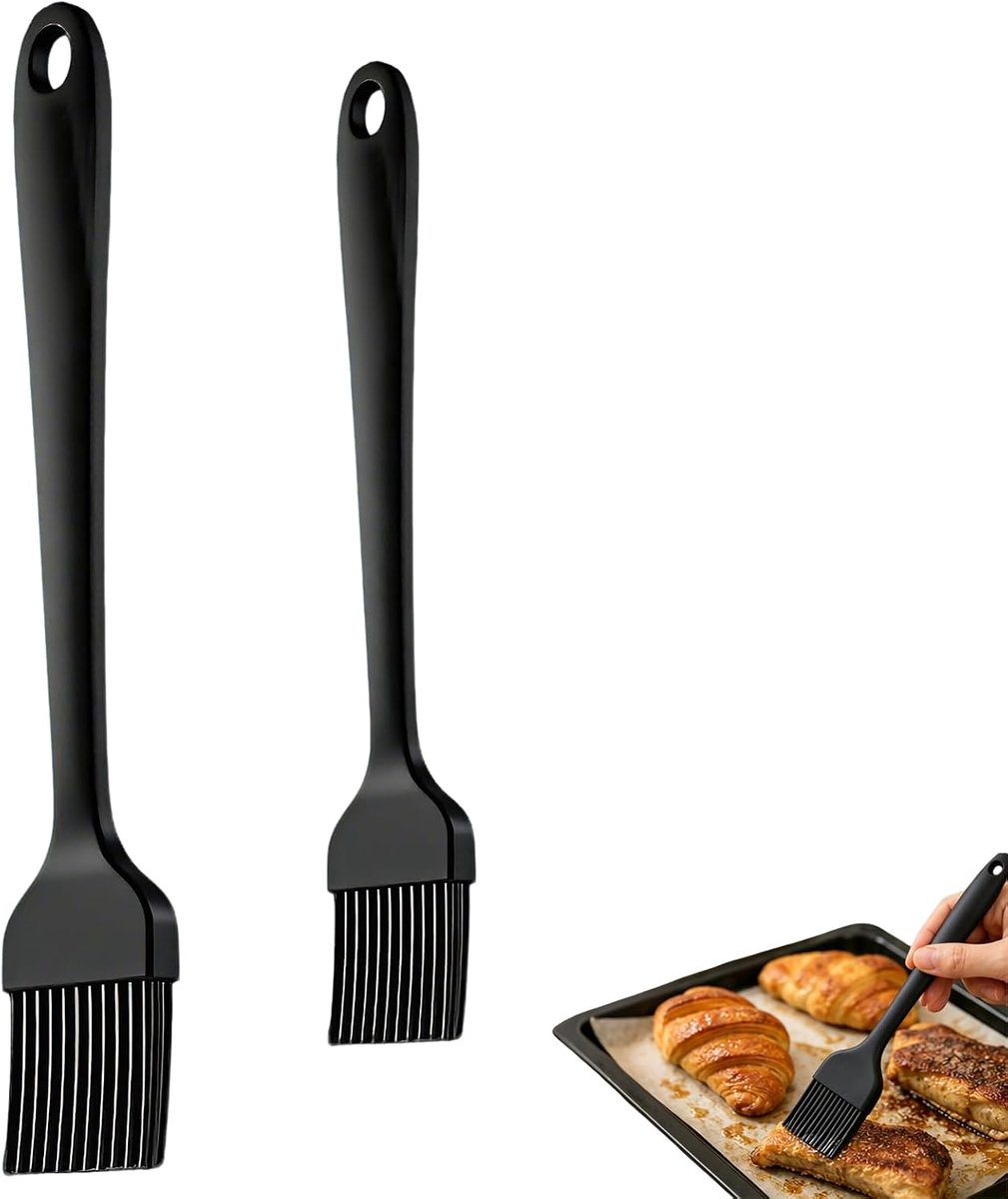 2 Stuks Siliconen Keukenkwast Zwart, BPA-vrije Bakkwast Groot en Klein, Hittebestendige Kookkwast voor Olie, Saus, Marinade, Bakken, Grillen en Koken
