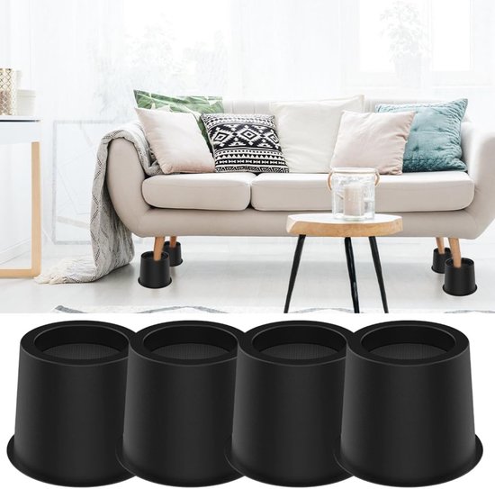 4 stuks meubelverhoger 10 cm, ronde bedverhoger & tafelverhoger van stevig kunststof, voor bed, sofa, bureau, stoel, olifantenvoet vloerbescherming & extra opbergruimte, zwart — afbeelding 5
