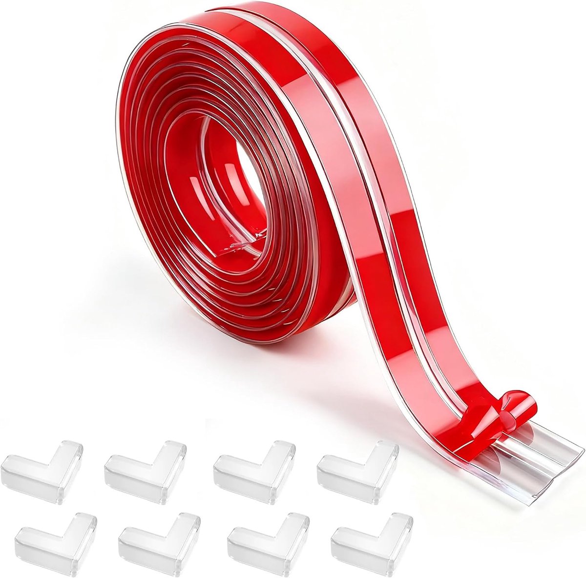 Babybestendige randbeschermstrip, 10 mm x 4 m, babybestendige hoeken en randen, zelfklevende babyveiligheid anti-botsingsstrips voor tafel, muur, meubelveiligheid met 8 hoekbeschermers