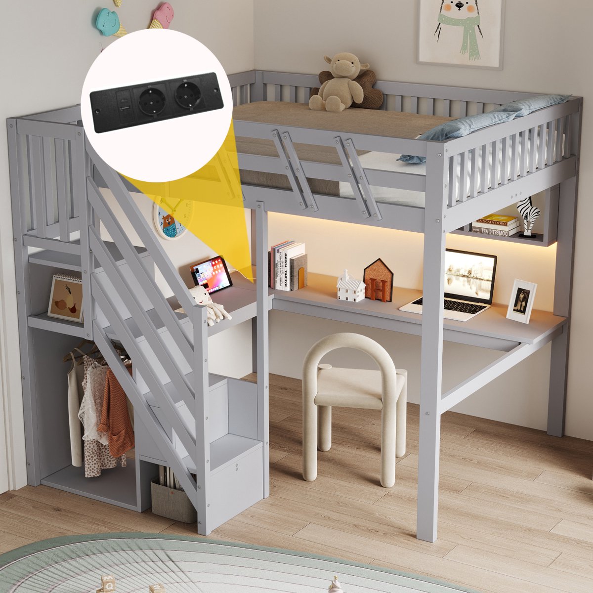 VVBV Kinderbed 140x200 – Kinderbed van Hout met Opbergruimte, Lades, Opbergvakken, Uitvalbeveiliging, LED-Verlichting, USB en Stopcontact – Grijs