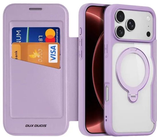 Paars telefoonhoesje met klep, portemonnee en kaarthouder. Dux Ducis logo.