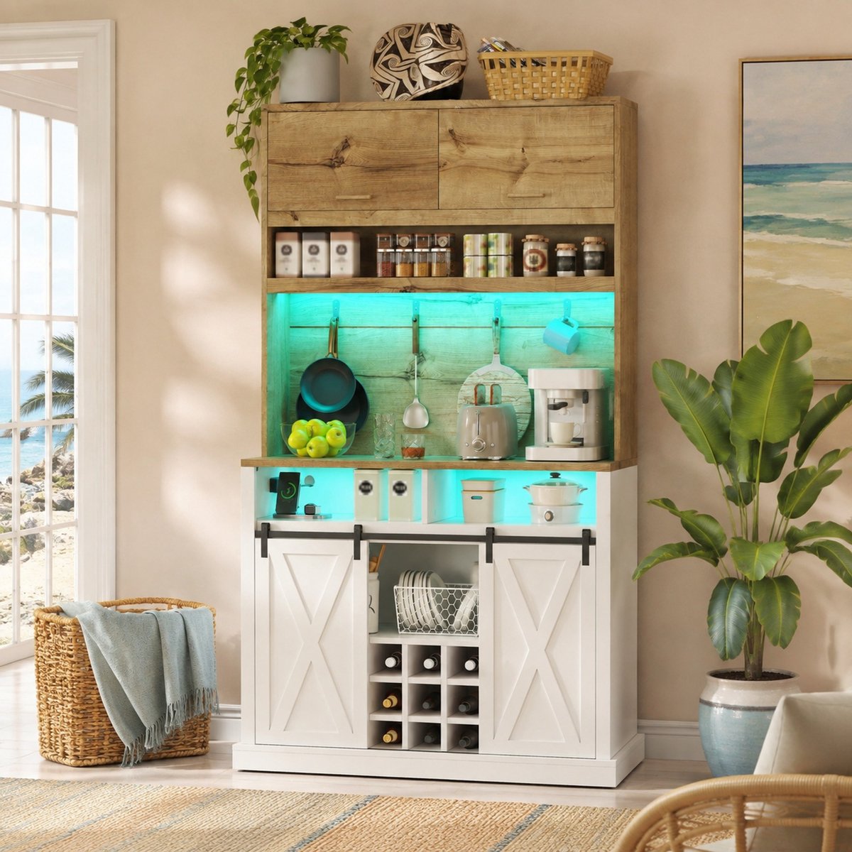 REDOM - Keukenkast - Hoge opbergkast met vitrine en wijnrek - RGB-ledverlichting met appbediening - MDF - Naturel en wit - 110 x 40 x 191 cm