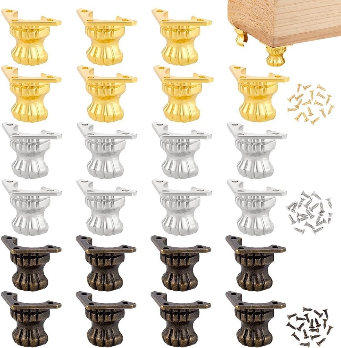 24 Stuks 3 Kleuren Decoratieve Voeten Gouden Meubelpoten Antieke Doosvoeten 3.5 x 2.8cm voor Opslag Sieraden en Houten Ambachten