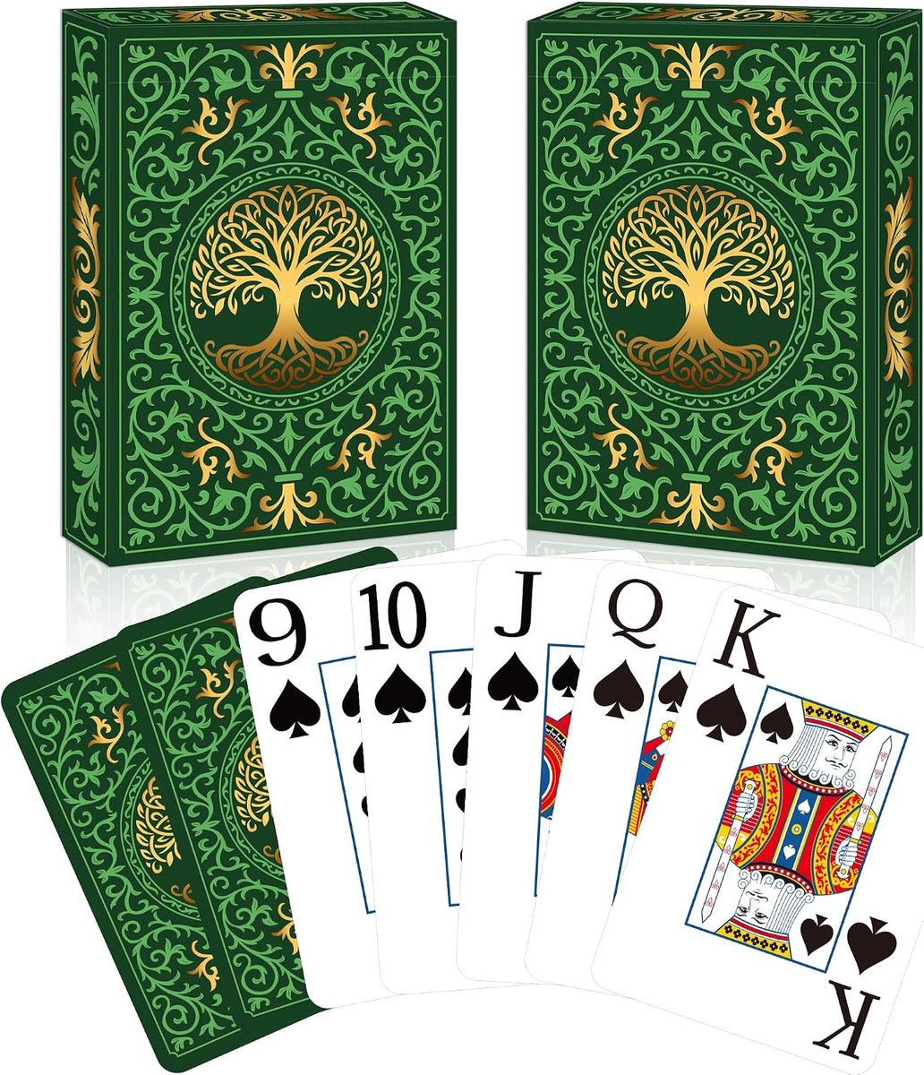 Verpakking van 2 stuks, grote druk, gemakkelijk te mengen, premium pokerkaarten voor kaartspellen, familiespelavonden, tafeldecoratie (groen + groen)
