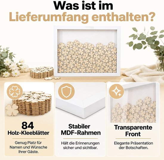 Gastenboek voor bruiloft, in fotolijst met 72 houten hartjes om te beschrijven, bruiloftsgastenboek, MDF houten lijst, wit, 43 x 31 cm, klaverbladen — afbeelding 5