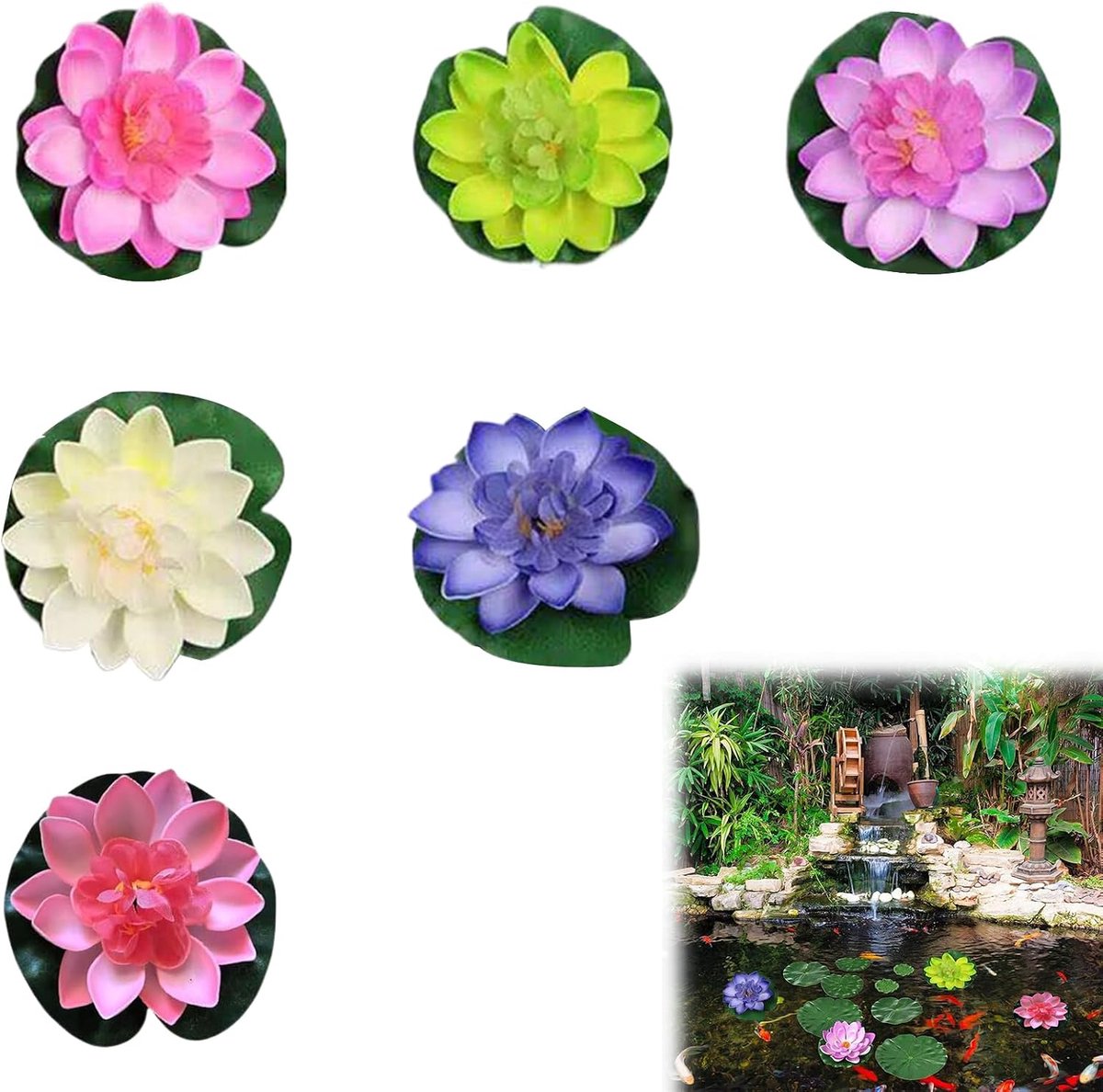 6 stuks drijvende bloemen, kunstmatige waterlelies, planten, vijverplanten, vijverdecoratie, zeerlies, lotusbloesem voor aquarium, terras, tuin, zwembad, tuin, vijver (kleurrijk)