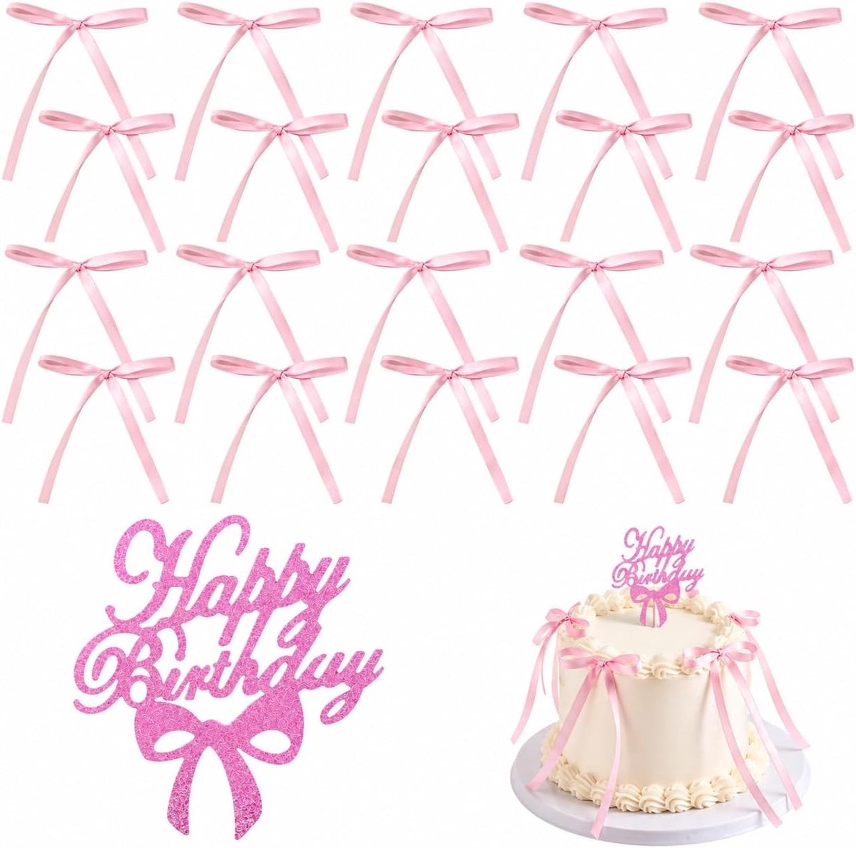 Set – 1 "Gelukkige Verjaardag" Cake en 20 Roze Cake Bows – Perfect voor Verjaardagstaarten, Bruiloftstaarten en Andere Gelegenheden – Duurzaam en Herbruikbaar