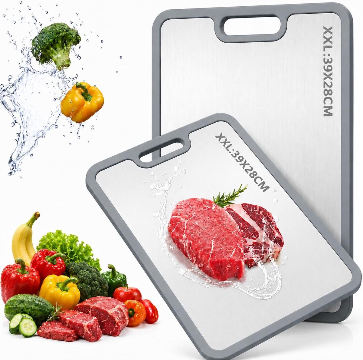 Snijplank, groot, roestvrij stalen plank keuken, snijplank, levensmiddelen, titanium snijplank, BPA-vrij en dubbelzijdige snijplank, ideaal voor vlees, brood, groenten en fruit