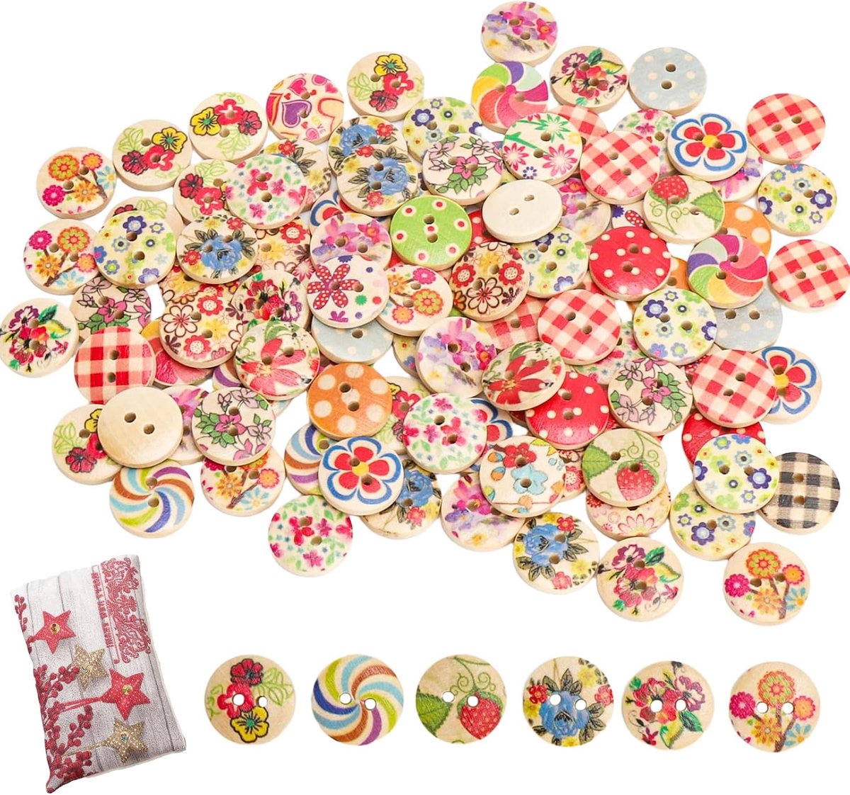 Knopen om op te naaien, houten knopen voor kinderen, 15 mm, ronde kleurrijke knopen, schildersknoppen, knutselknopen met gat voor gebreide jas, doe-het-zelf knutselen, knutselen, decoraties