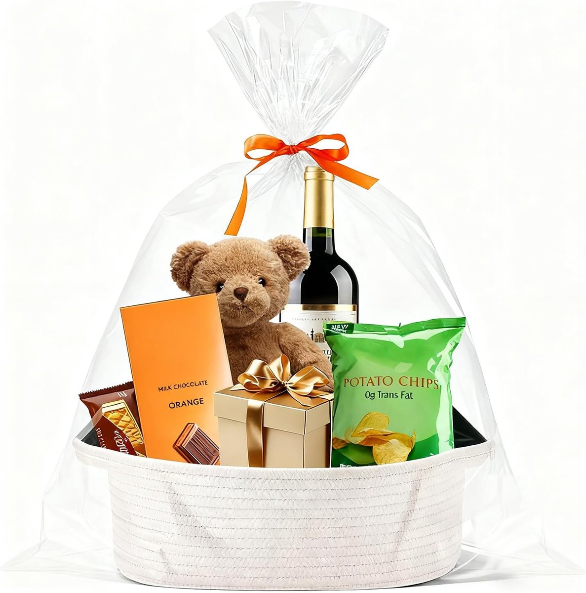 Geschenkmand, presentatiemand, leeg, gevlochten geschenkmand met kijkvensterzakjes en linten, lege rieten mand wit voor verjaardag, bruiloft, babycadeau, Kerstmis (wit)
