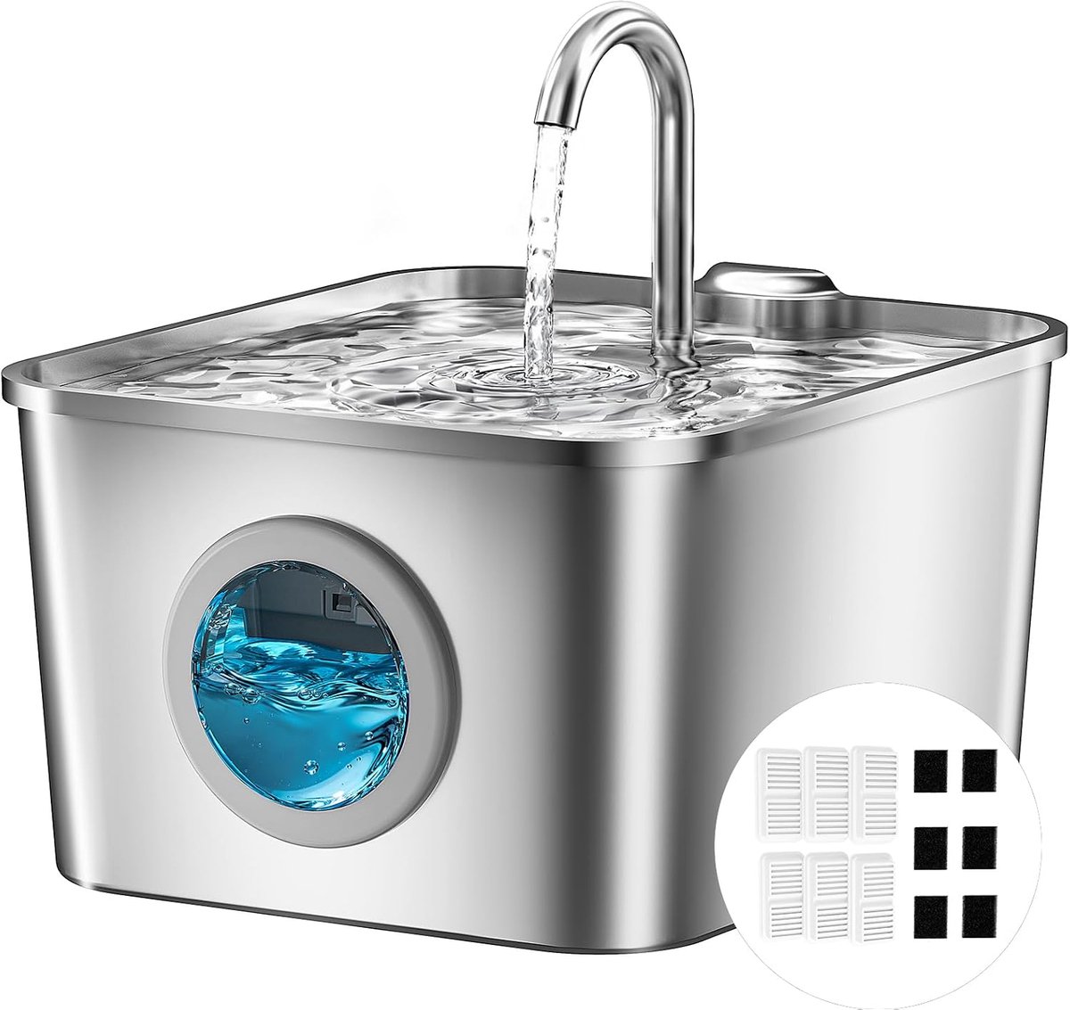 Drinkfontein 2,6 L van Roestvrij Staal, Stille Automatische Drinkfontein met Kabel en Vierlaagse Filtering, 6 Filters en 6 Sponsjes, Gemakkelijk Schoon te Maken
