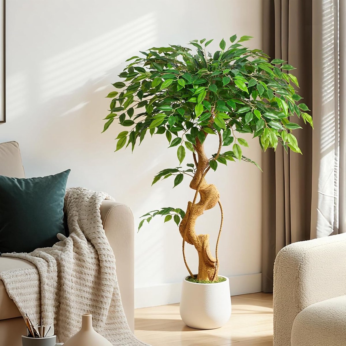 Kunstplant ficusboom 120 cm met witte pot, kunstplanten, groot als echt met gebogen boomstam en 930 bladeren, kunstboom voor binnendecoratie, woonkamer, slaapkamer, kantoor, tuin