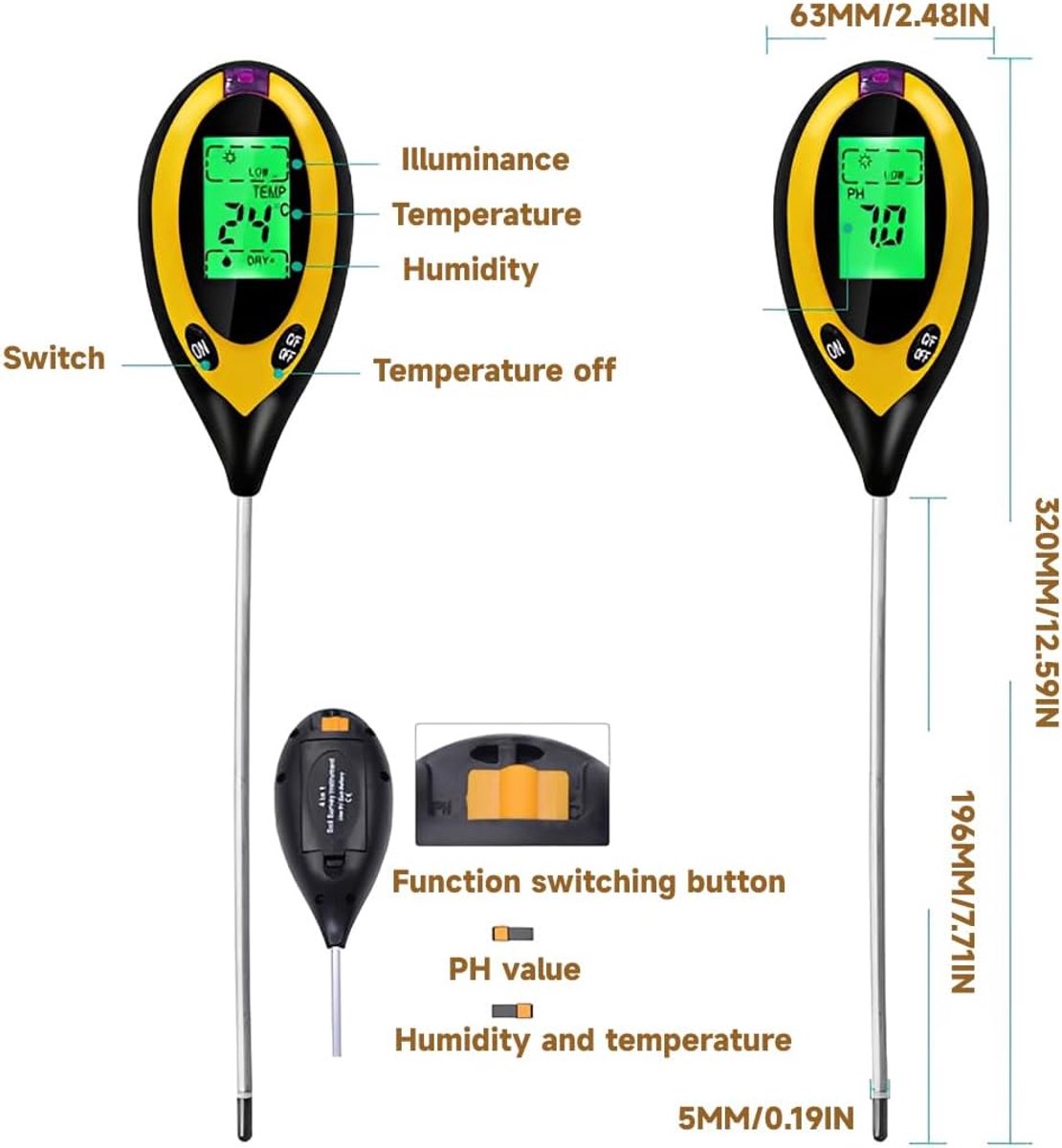 4-in-1 bodemtester professioneel: bodem-pH-meter, vochtigheid, licht en temperatuur, digitale bodemmeter, achtergrondverlichting en zeer nauwkeurige sonde, tuin, gazon, planten en boerderij