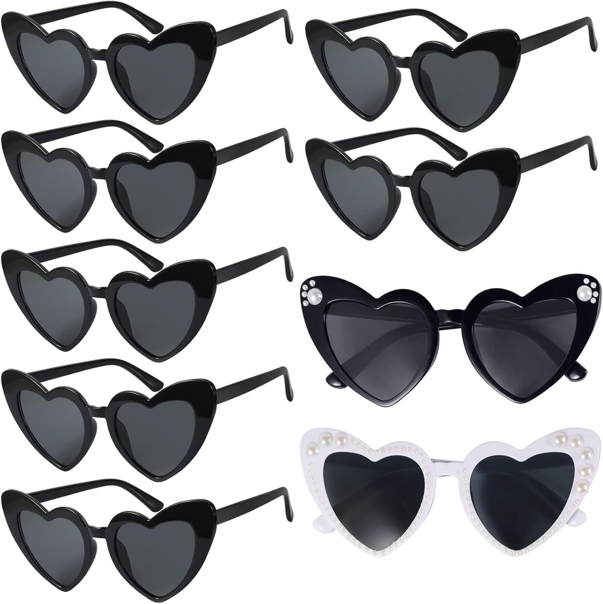 8 Stuks Hartvormige Zonnebril, Retro Partybril, Feestelijke Hart Zonnebrillen, 1 Wit & 7 Zwart, met 4 Vellen Parelstickers voor Decoratie, UV400 Bescherming, voor Feestjes, Bruiloften