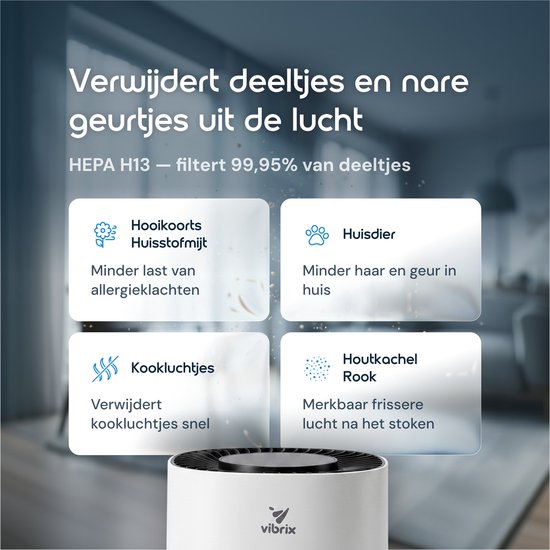Illustratie van vier voordelen: hooikoorts, huisdieren, kookluchtjes en houtrook, met tekst.