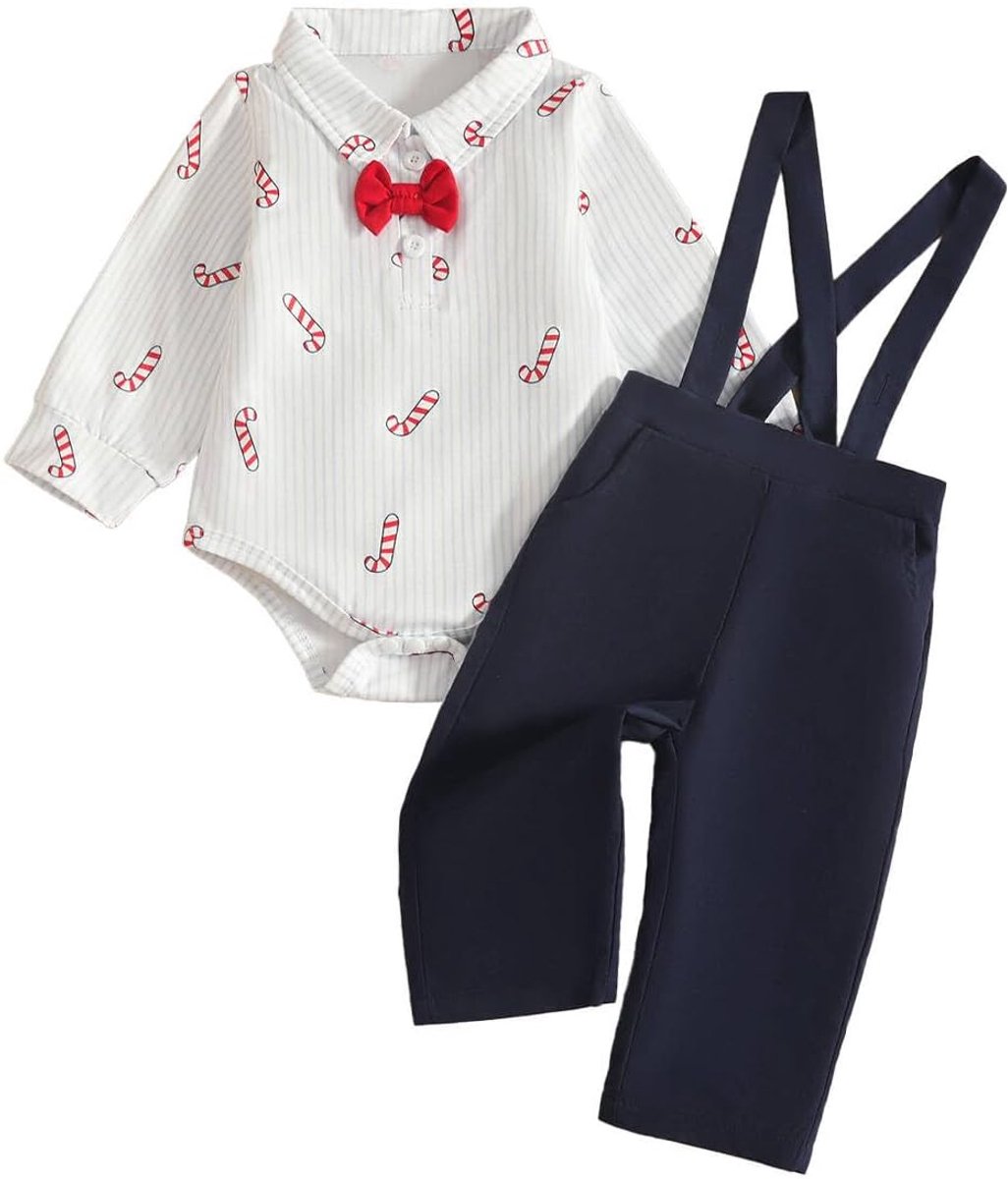 Zomer Herfst Gentleman Outfit Effen Korte Mouw Top met Strik + Gestreepte Overall Shorts Cake Smash Verjaardag Kleding