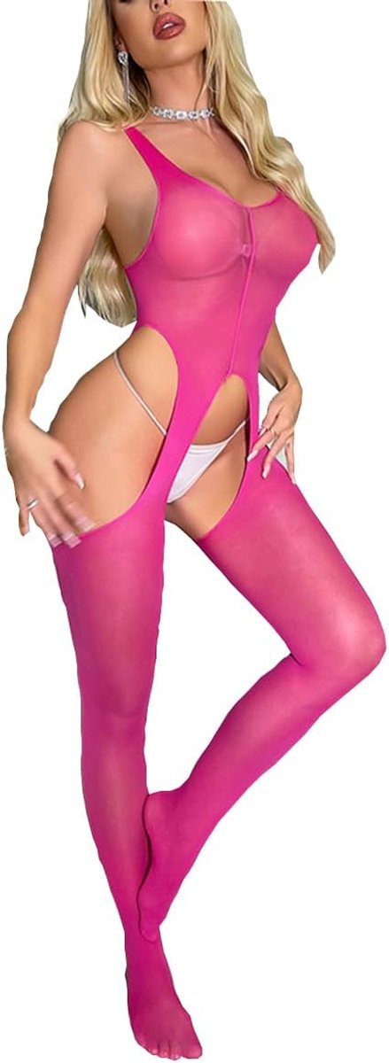Sexy lingerie voor dames set catsuit bodystocking ouvert Fishnet bodysuit panty ondergoed negligé lingerie nachtjurk sleepwear open voor seks, Roze SMTS, S-L