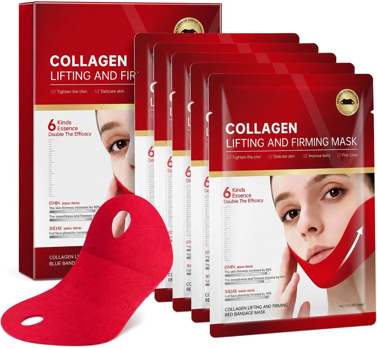 Lifting Collageenmasker, Verstevigend Kaak- en Halsmasker, Dubbele Kin Versteviging, Verstelbare Ademende Stof, voor Vrouwen & Mannen (5Pack)