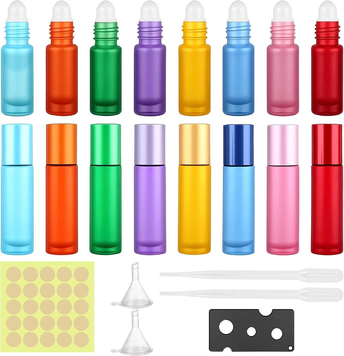 16 stuks roll-on glazen flessen van 10 ml, kleurrijke roll-on fles, leeg met roestvrijstalen bal, opener, druppelaar, trechter, etiket voor etherische olie, parfums