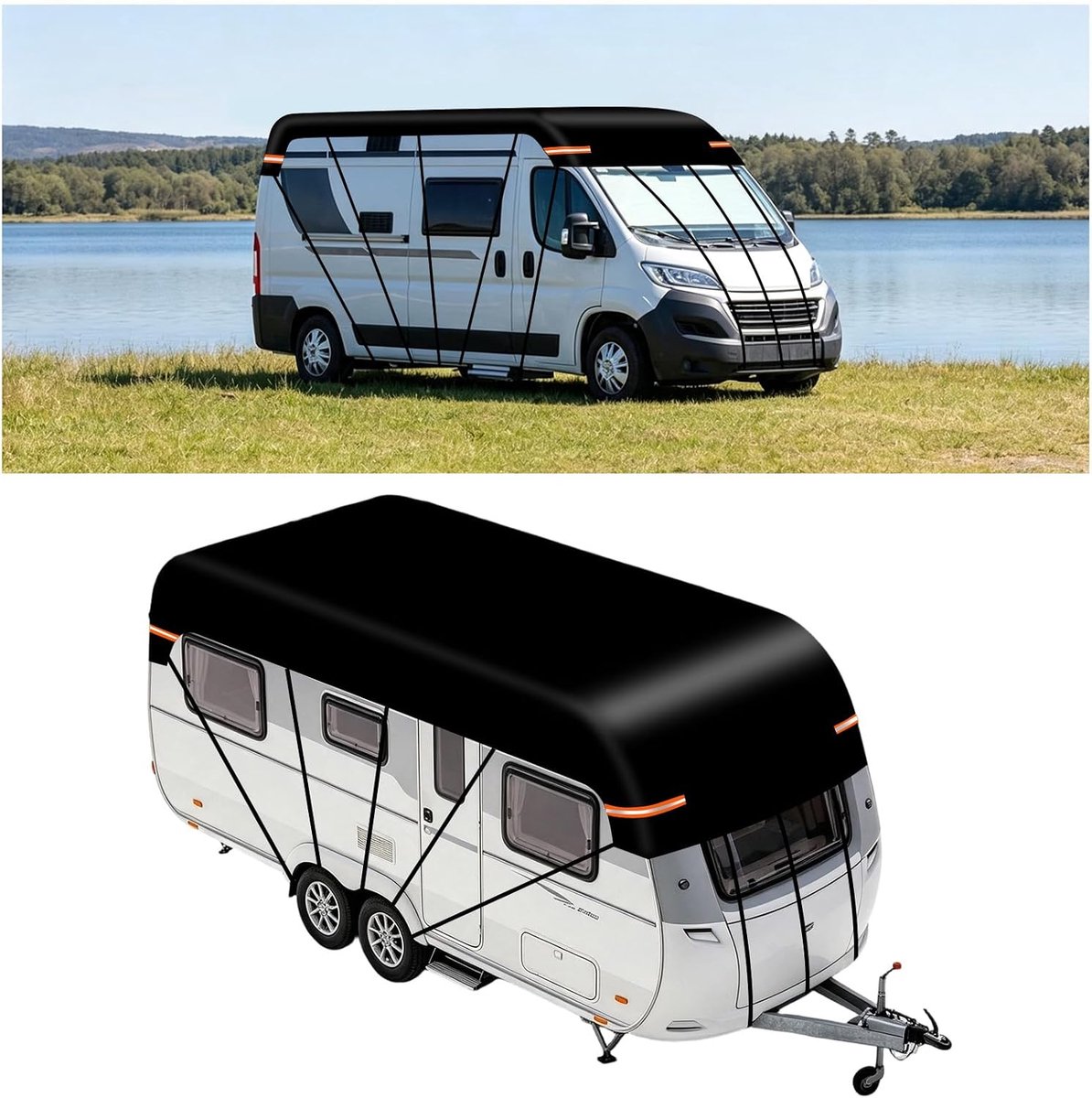 Beschermhoes voor caravan, 6,5 x 3 m, waterdicht, zonwerend, 210D Oxford-stof, reflecterende strepen, universele pasvorm