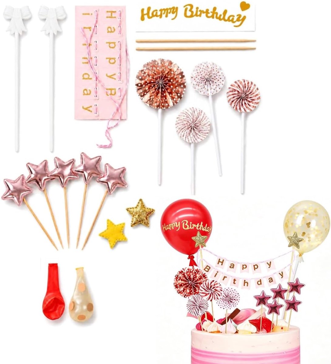 Roze, 12 stuks, Happy Birthday, taartplaat met ster en papieren waaiers, decoratie, feest, doe-het-zelf, jongens en meisjes