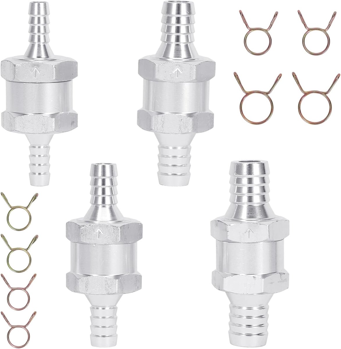 4 stuks terugslagklep voor brandstof, 6/8/10/12 mm, aluminium terugslagventiel, 16 veerklemmen, wegwerpventiel voor benzine, diesel, olie en water, auto, boot, motorfiets, carburateur, lagedruksysteem