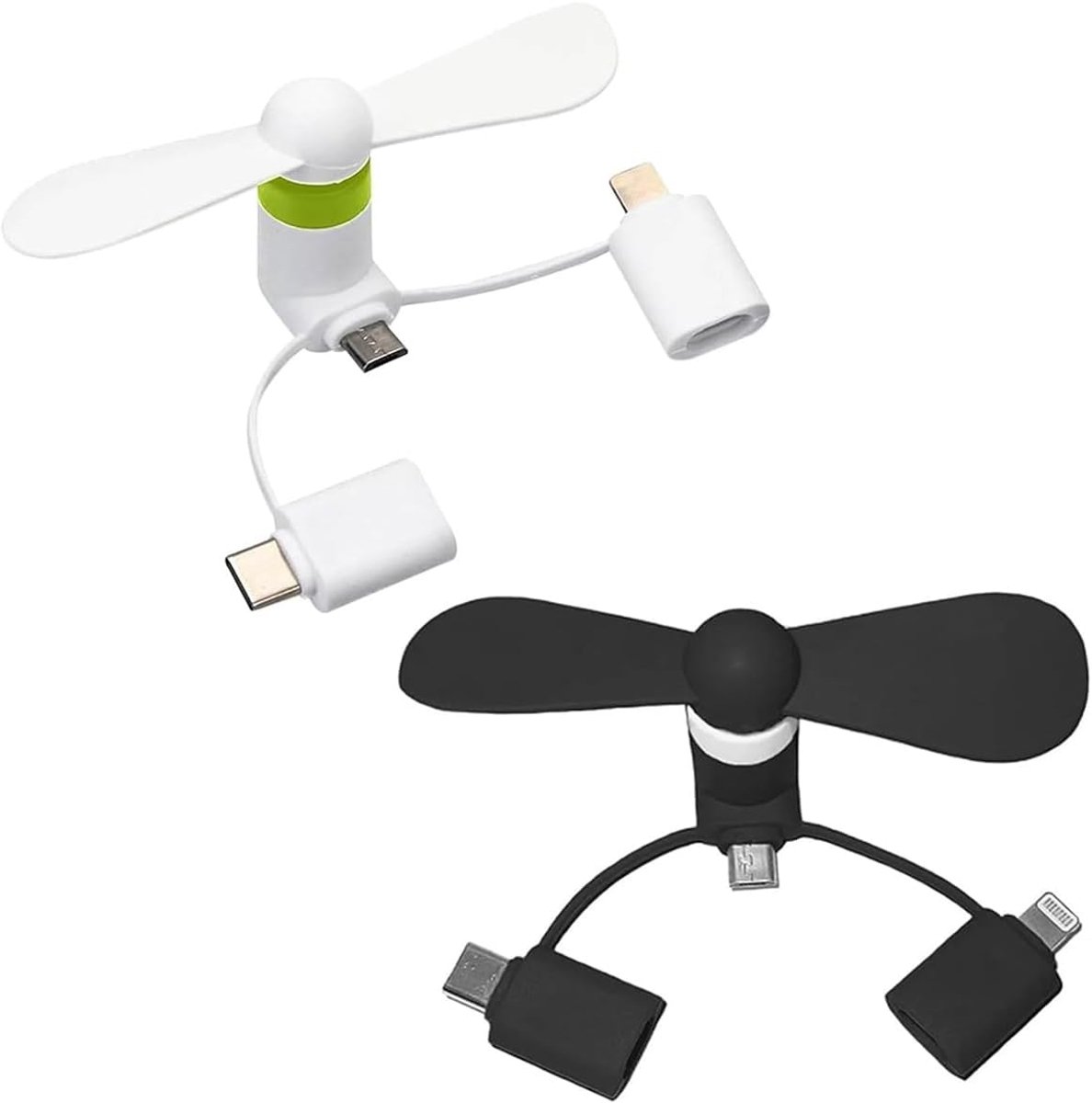 Ventilator voor mobiele telefoon, 2 stuks (zwart + wit), 2-in-1 mini-USB-ventilator, compatibel met iPhone en Android Type-C, voor onmiddellijke koeling buiten en op reis