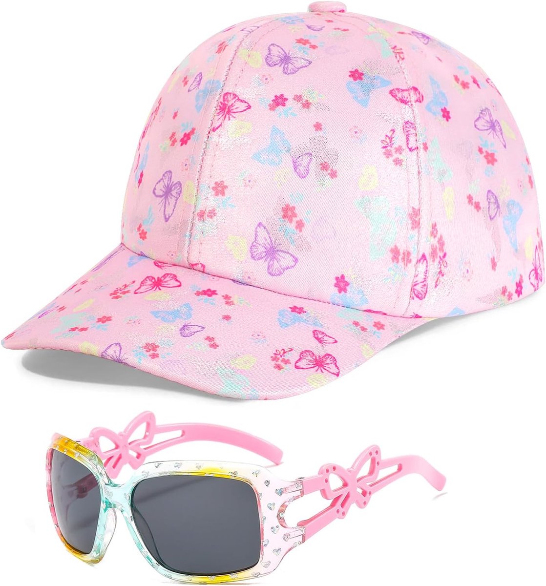 Honkbalpet voor meisjes, zonnebril voor kinderen, schattige vlinders, verstelbare zonnehoed, cartoon, UV400-bril, sport, reizen