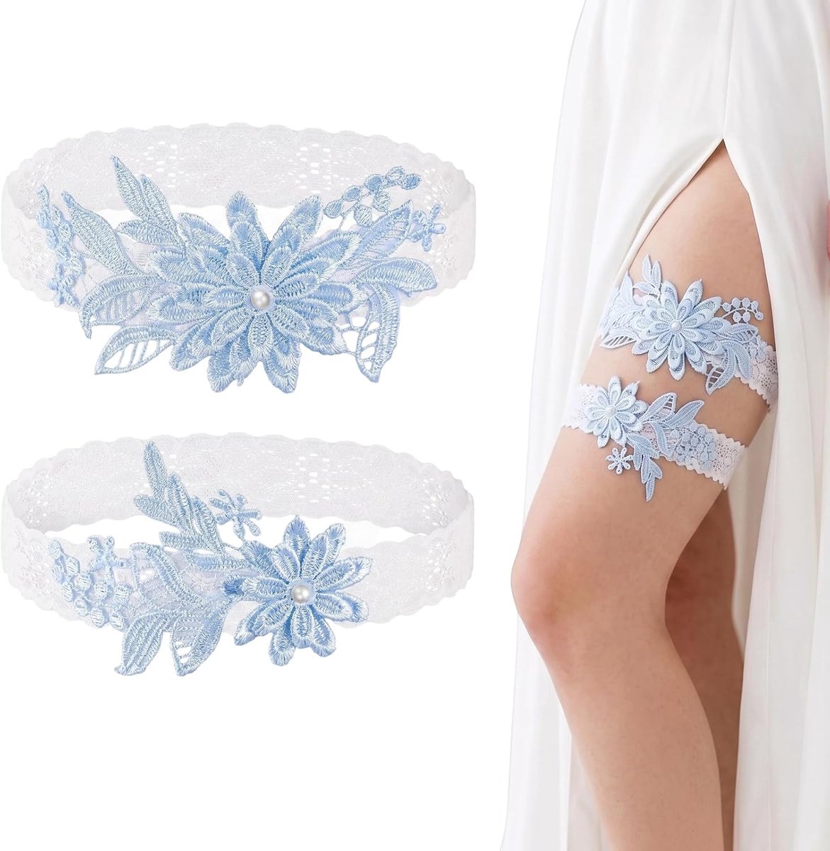 Kousenband voor bruid, blauw, 2 stuks, bruidskousenband van bloemenkant, met strik, iets blauw, bruiloft, accessoires voor dames, elastisch, elegant, voor bruiden en ceremonies, 41 cm