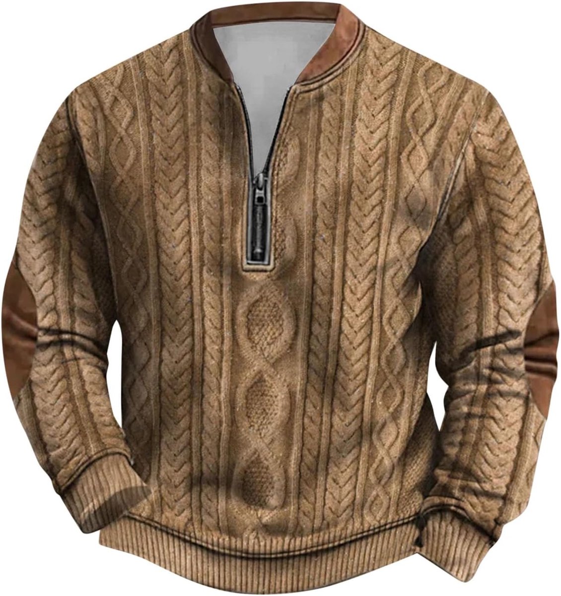 Dikke gebreide trui voor heren, sweatshirt met ritssluiting, lange mouwen, bedrukt, zonder kraag en zonder capuchon