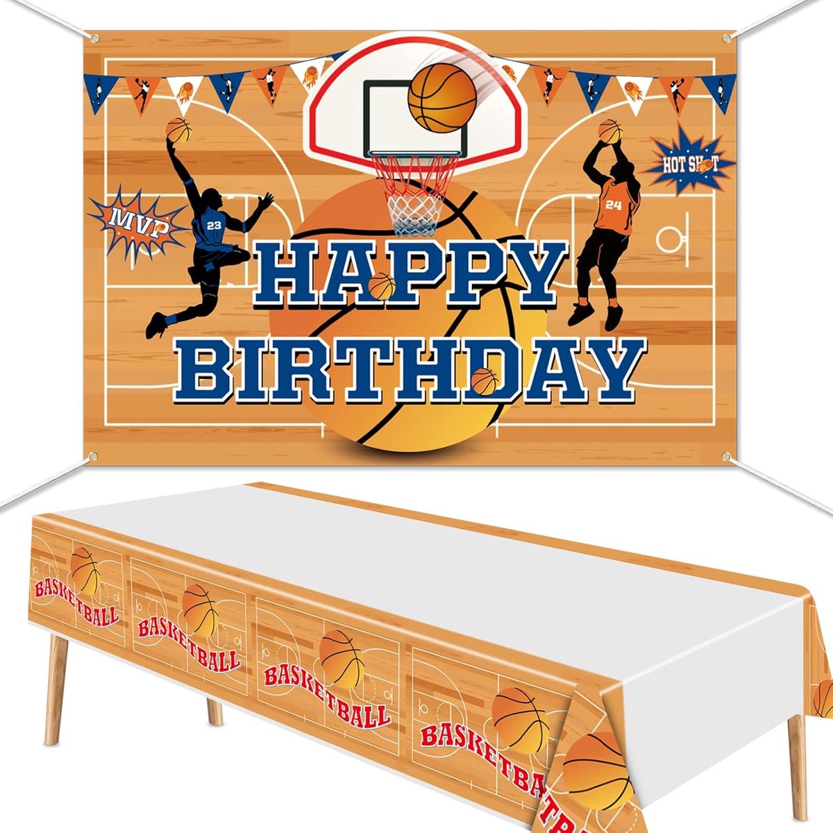 1 basketbalachtergrond en 1 tafeldeken, 120 x 180 cm, basketbalachtergrond, Happy Birthday, tafeldecoratie voor jongens en kinderen, verjaardagsfeest