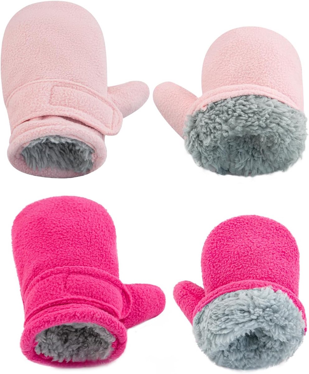 Handschoenen voor baby's, voering van molton, voor peuters, jongens, warm, zacht, voor baby's, meisjes, verstelbare handschoenen voor buiten, roze/rood, M