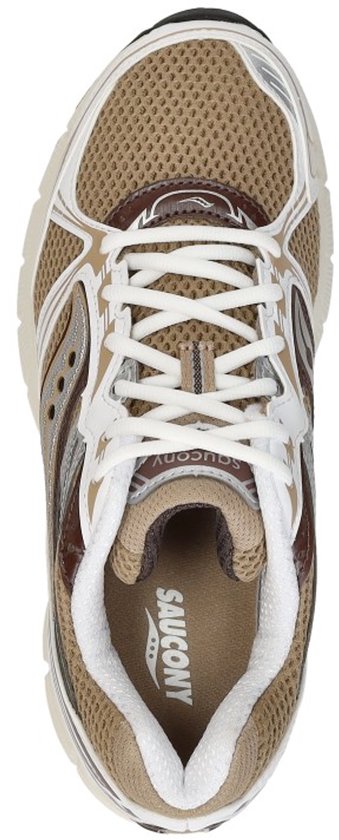 Bovenaanzicht van beige Saucony Grid Legacy sneakers met het Saucony logo op de binnenzool.