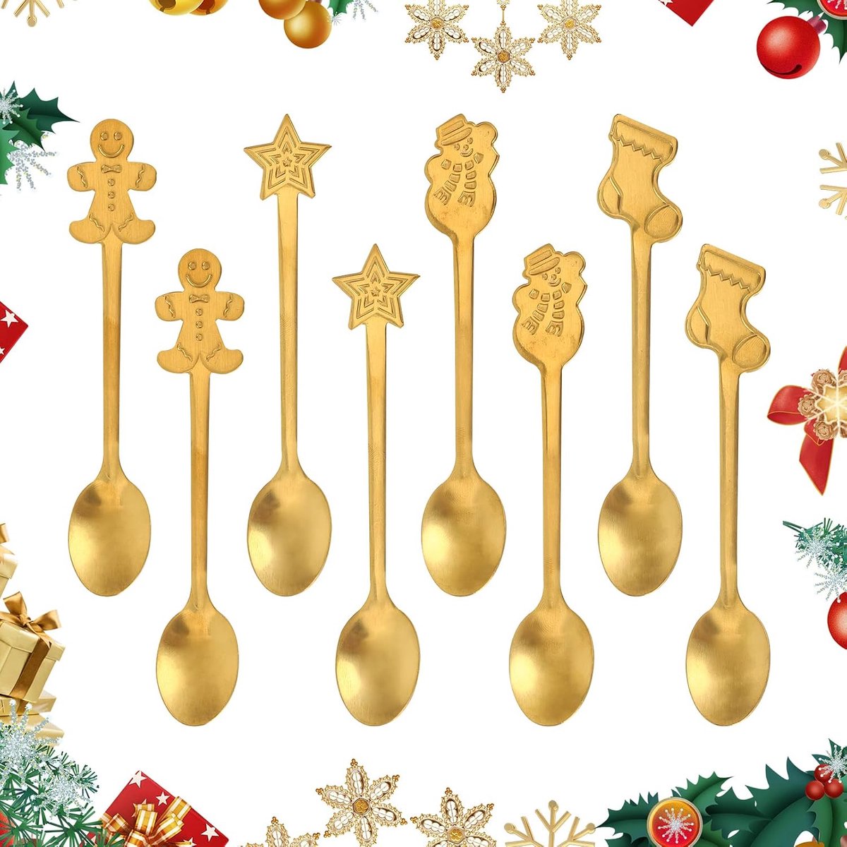 Koffielepels, 8 stuks roestvrijstalen dessertmenglepels kerststijl lepel theelepel suiker ijs lepel drank menglepel kerststijl lepel voor keuken servies