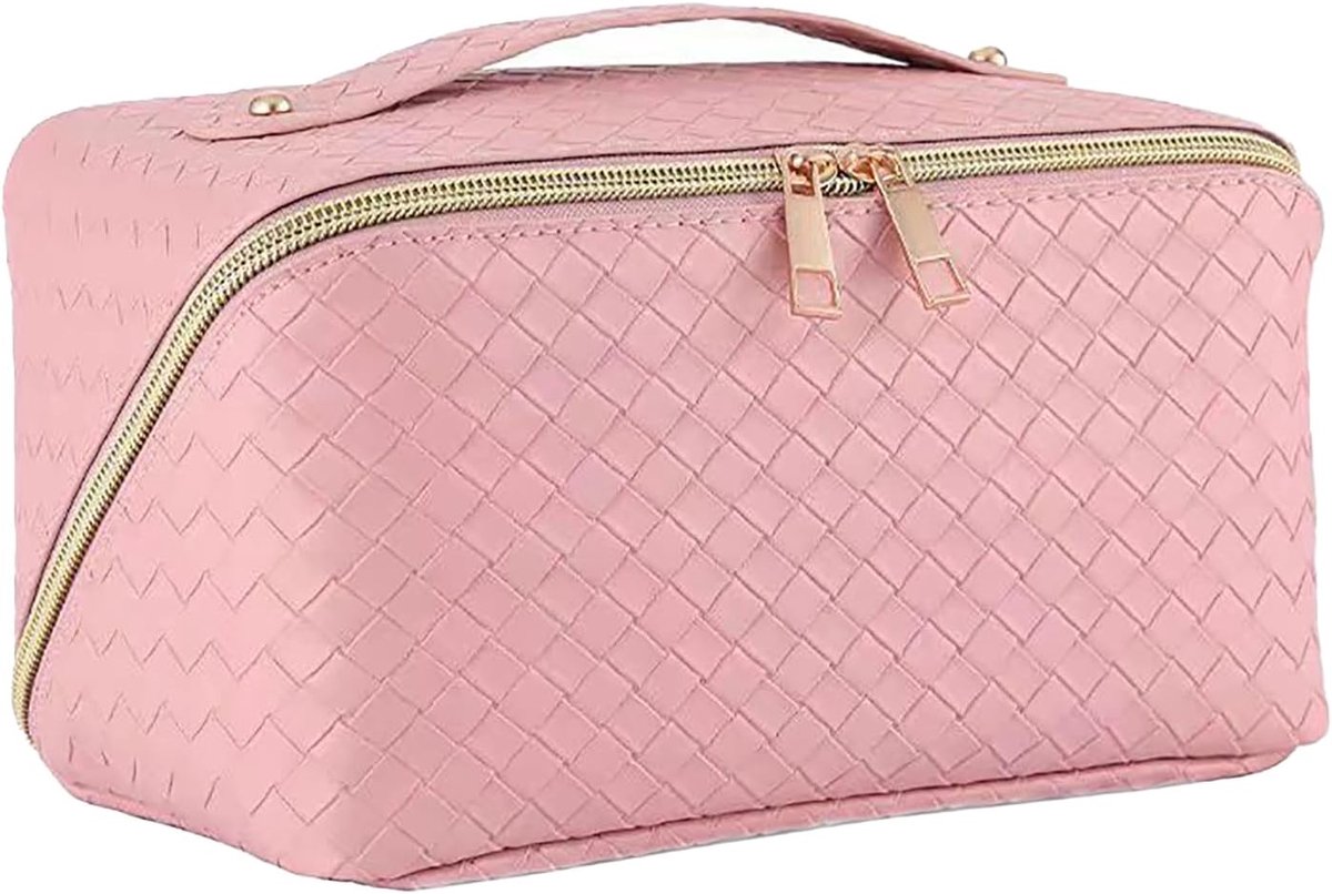 Make-up tas, grote capaciteit reizen make-up tas, waterdichte draagbare toilettas met scheidingswand en handvat plat leg zwarte make-up organizer reisbenodigdheden (roze)