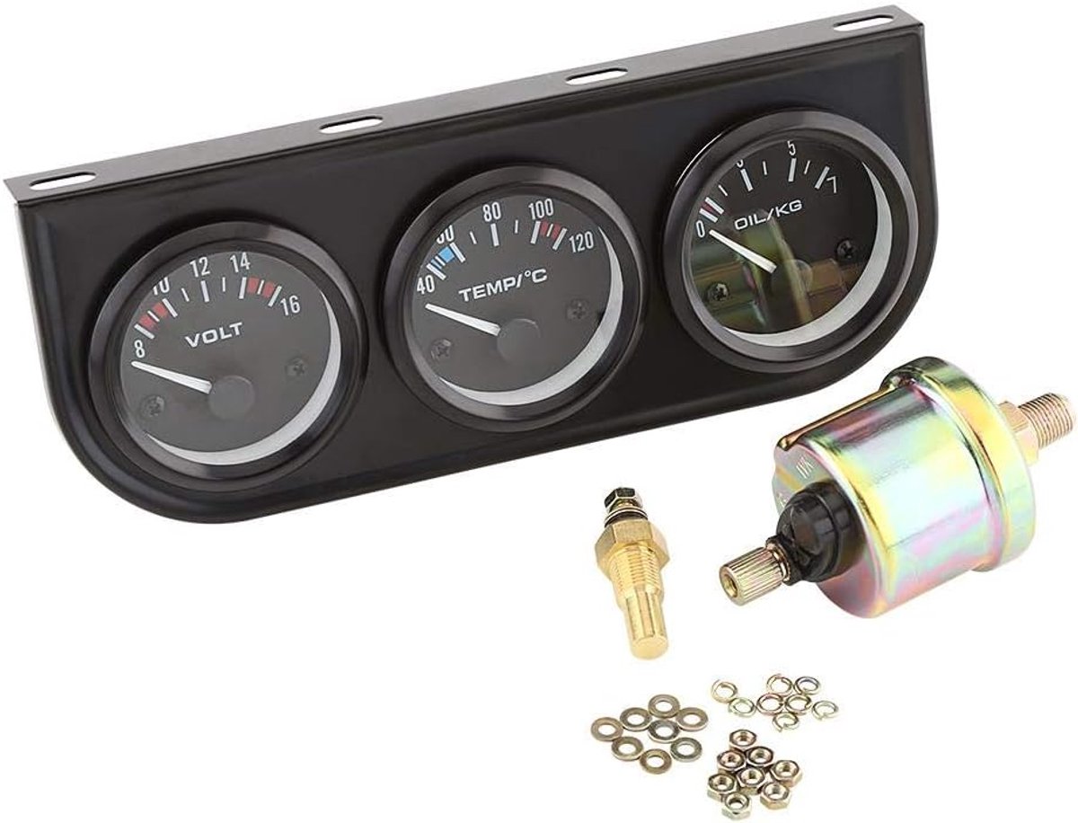 Olie/Volt/Watermeter met roestvrij staal, 3 in 1 voltmeter + watertemperatuurmeter + oliedrukmeter met sensor 52 mm drievoudige meters met zwarte console Geschikt voor autotruck