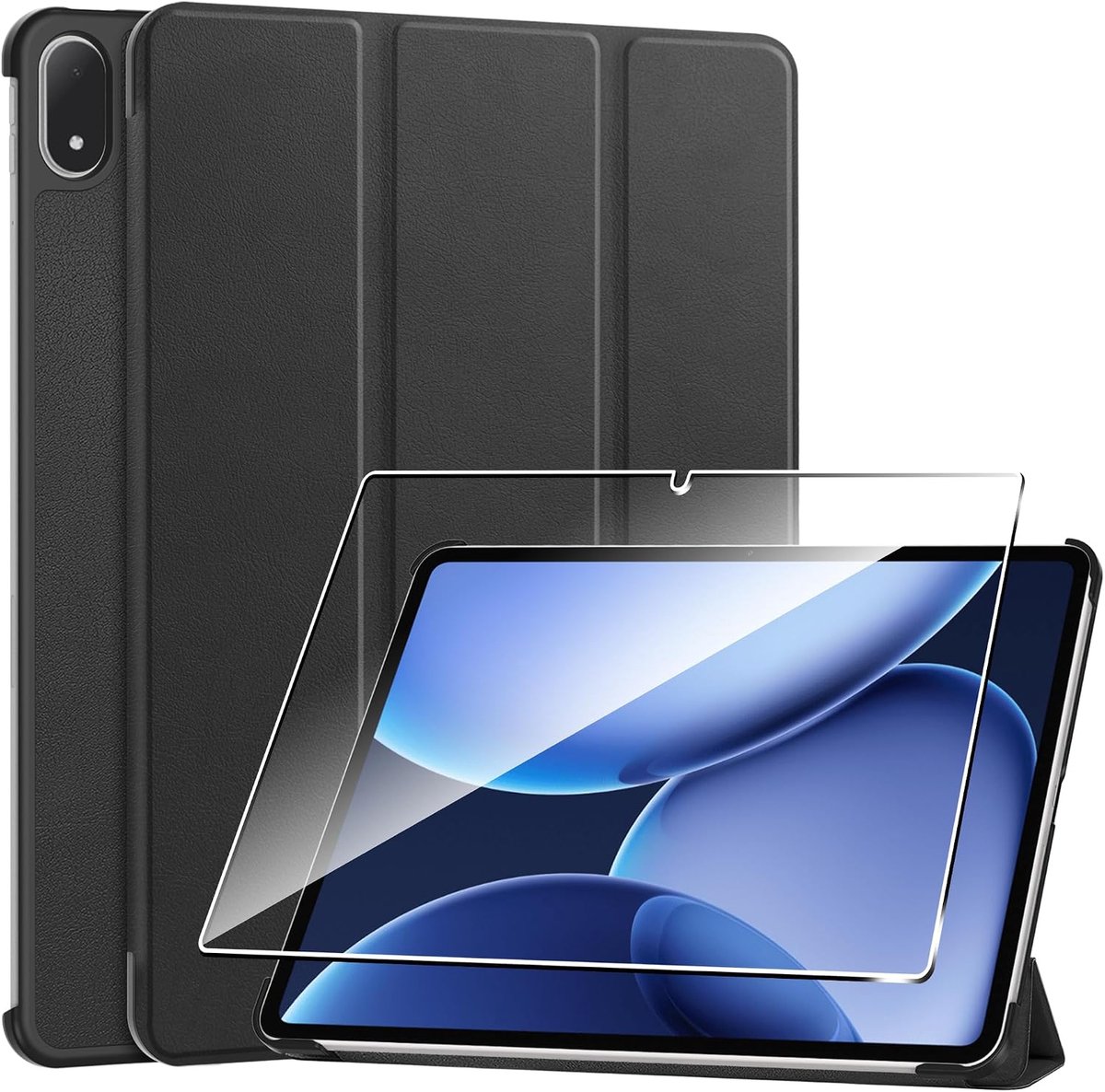 Beschermhoes voor OnePlus Pad 3 13,2 inch 2025, leren hoes, + [1 stuk] displaybeschermfolie van gehard glas, automatische waak/slaap, ondersteuningsfunctie, krasbestendig, zwart