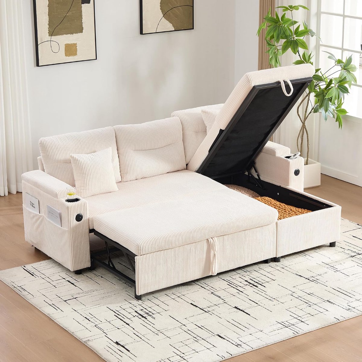 3-zits met opbergruimte, L-bank, hoekbank met hydraulische chaise longue en ladebed, bank met USB-C en bekerhouders, moderne linnen bank voor woonkamer (beige-B, 3-zits)