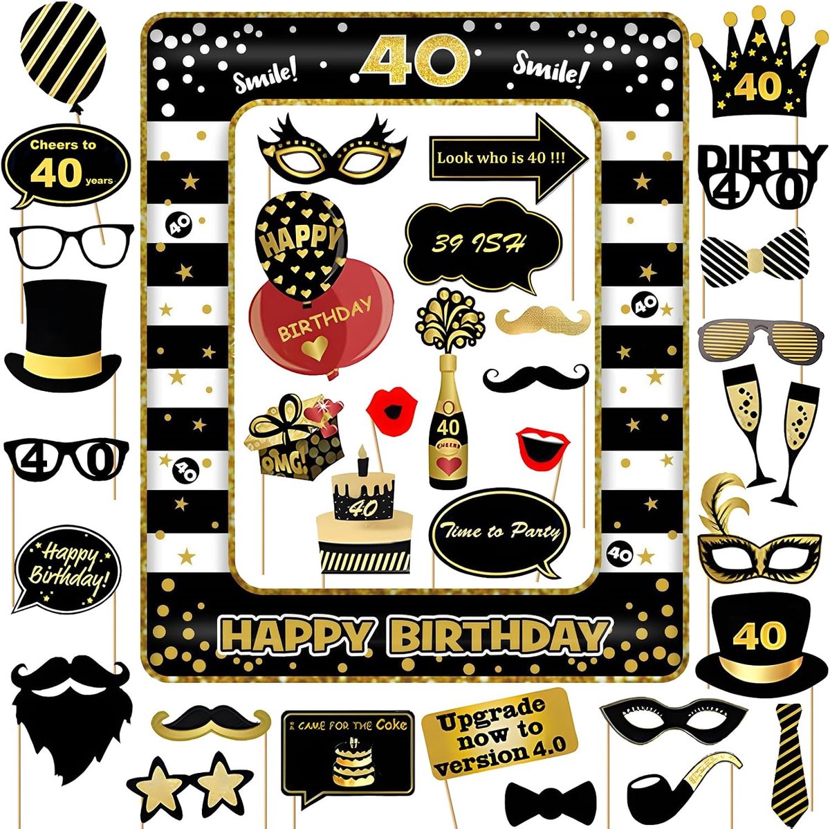 40e verjaardag fotocabine rekwisieten en opblaasbaar selfie-frame, 35 stuks 40e grappige doe-het-zelf verjaardagsfeestje rekwisieten voor vrouwen mannen, zwart goud opblaasbaar feest fotocabine frame