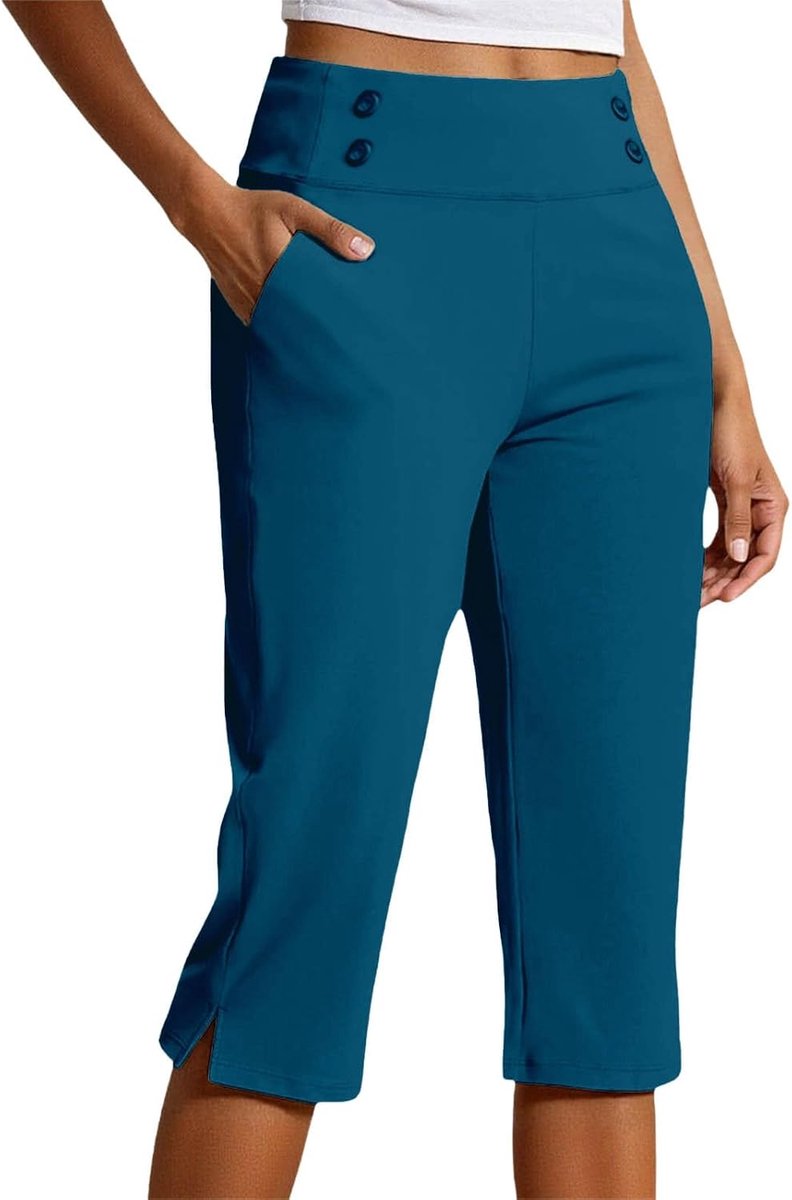 Capribroek voor dames, hoge taille met decoratieve knopen, halflange broek, rechte zijsplit, casual zomerbroek met zakken voor dagelijks kantoor