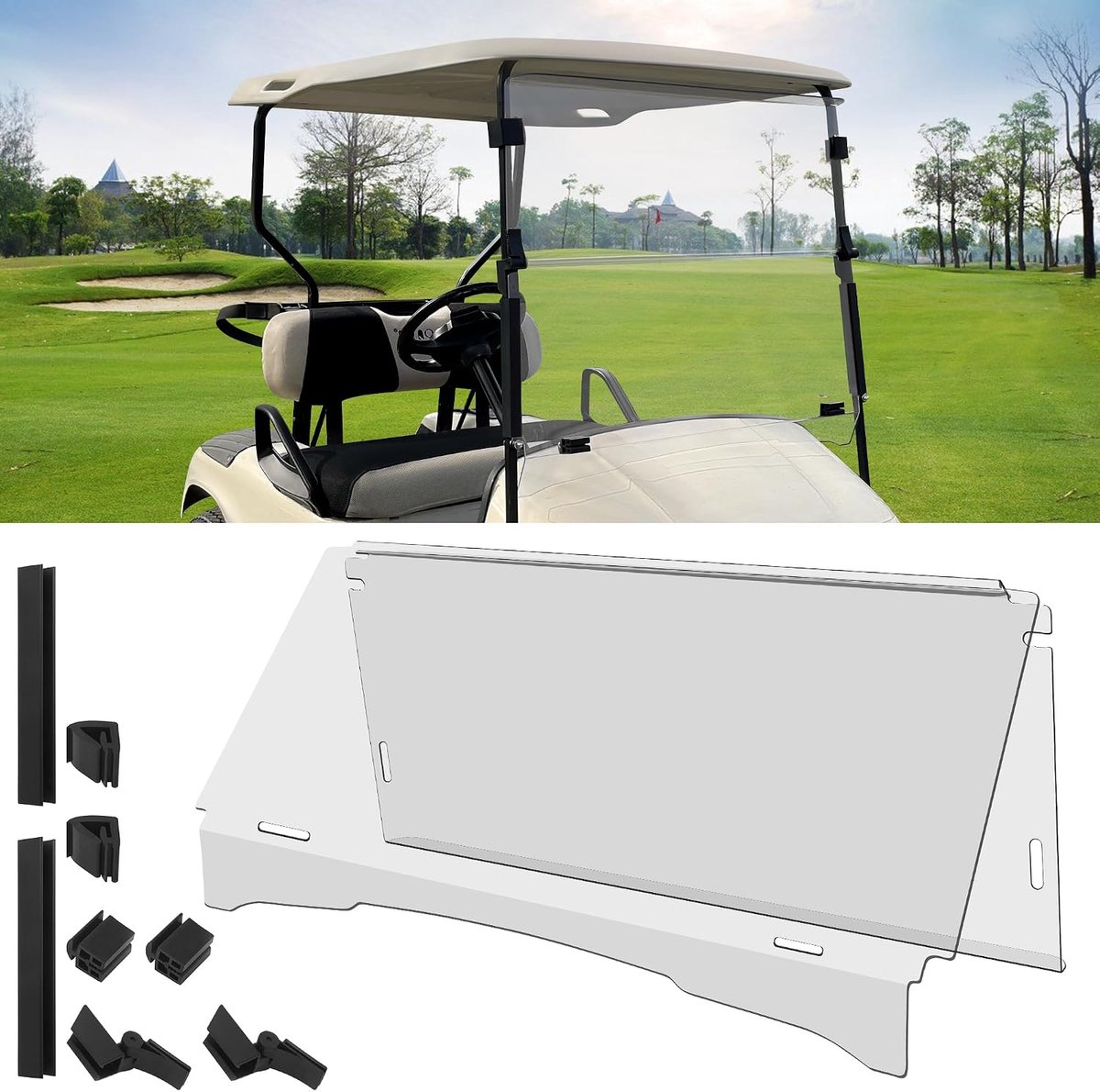 10L0L Golfkar Vouwen Voorruit voor EZGO TXT 1995-2013 Golf Buggies, Impact Resistant Clear Polycarb Split