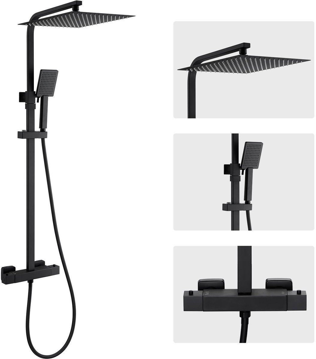 Auralum Max Regendoucheset met Thermostaatkraan - Douchesysteem 30x30 cm Vierkant XXL - CoolTouch Anti-verbranding - Zwart