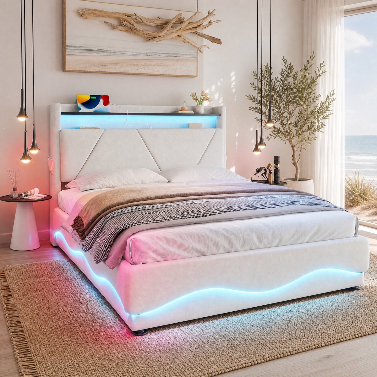 WUVRIE Tweepersoonsbed 140x200 cm met LED, opbergruimte, USB-C en lattenbodem, beige