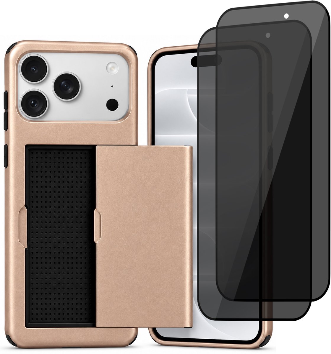 Hoesje met Pasjeshouder geschikt voor iPhone 18 Pro / 17 Pro – Back Cover Slide Case – Roségoud – 2 Stuks Privacy Screenprotector – Anti Inkijk